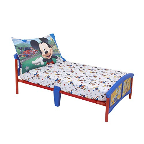 (美國兒童床專用) DN#1678 Disney Mickey Mouse Having Fun Super Soft 2 Piece Toddler Sheet Set, White/Grey/Blue/Red (兒童床上用品)